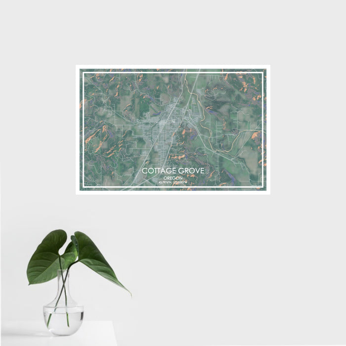 16x24 Cottage Grove Oregon Map Print Landscape Orientation in Afternoon Style With Tropical Plant Leaves in Water