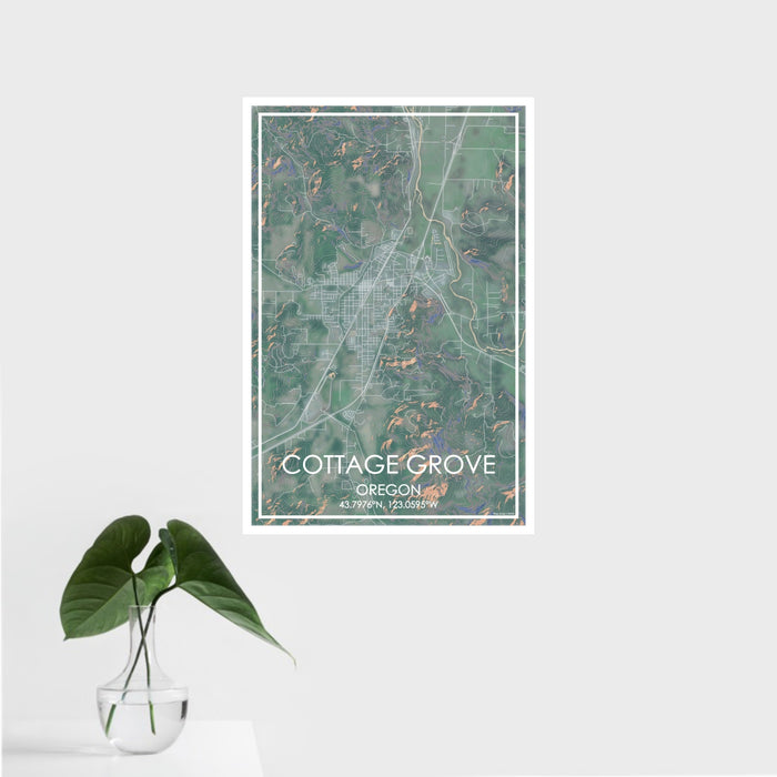 16x24 Cottage Grove Oregon Map Print Portrait Orientation in Afternoon Style With Tropical Plant Leaves in Water