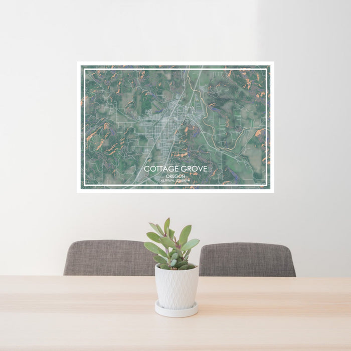 24x36 Cottage Grove Oregon Map Print Lanscape Orientation in Afternoon Style Behind 2 Chairs Table and Potted Plant