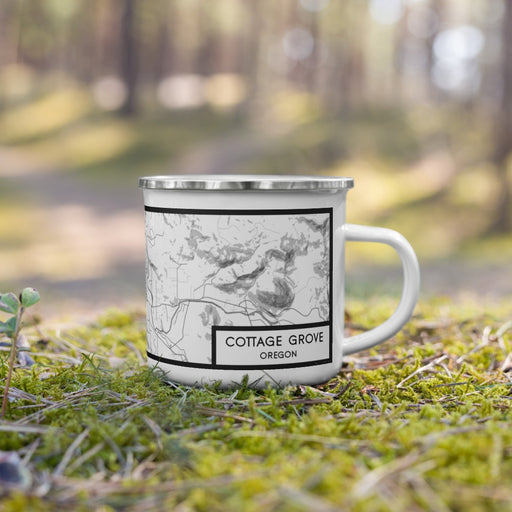 Right View Custom Cottage Grove Oregon Map Enamel Mug in Classic on Grass With Trees in Background