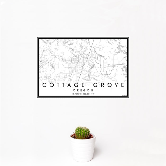 12x18 Cottage Grove Oregon Map Print Landscape Orientation in Classic Style With Small Cactus Plant in White Planter