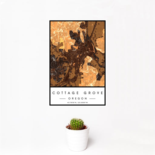 12x18 Cottage Grove Oregon Map Print Portrait Orientation in Ember Style With Small Cactus Plant in White Planter