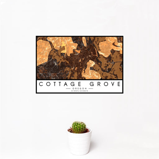 12x18 Cottage Grove Oregon Map Print Landscape Orientation in Ember Style With Small Cactus Plant in White Planter