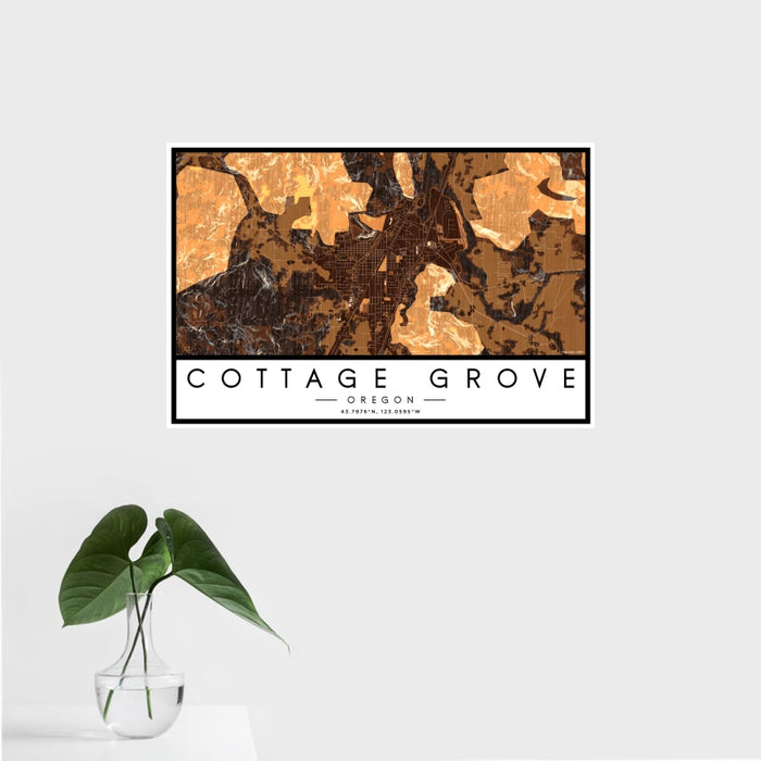 16x24 Cottage Grove Oregon Map Print Landscape Orientation in Ember Style With Tropical Plant Leaves in Water