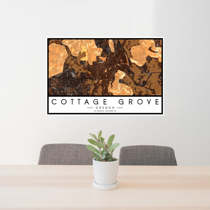 24x36 Cottage Grove Oregon Map Print Landscape Orientation in Ember Style Behind 2 Chairs Table and Potted Plant