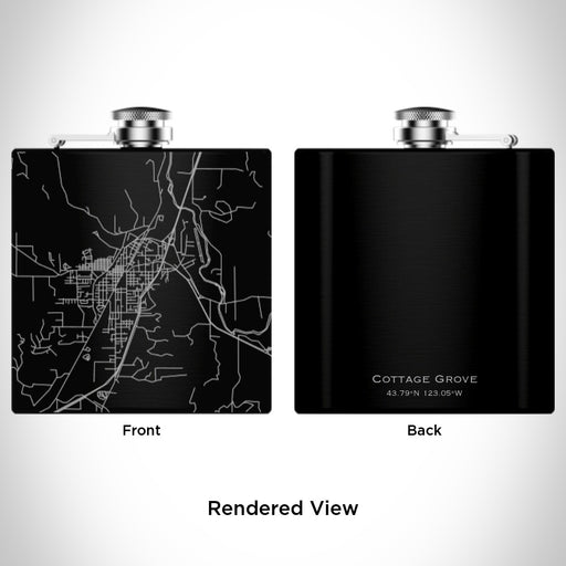 Rendered View of Cottage Grove Oregon Map Engraving on 6oz Stainless Steel Flask in Black