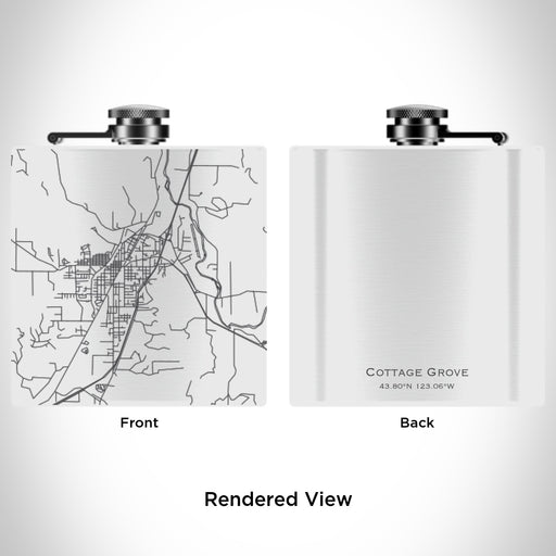 Rendered View of Cottage Grove Oregon Map Engraving on 6oz Stainless Steel Flask in White