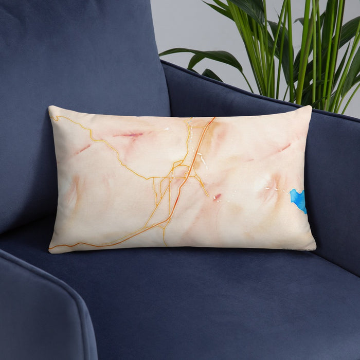Custom Cottage Grove Oregon Map Throw Pillow in Watercolor on Blue Colored Chair