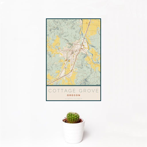 12x18 Cottage Grove Oregon Map Print Portrait Orientation in Woodblock Style With Small Cactus Plant in White Planter