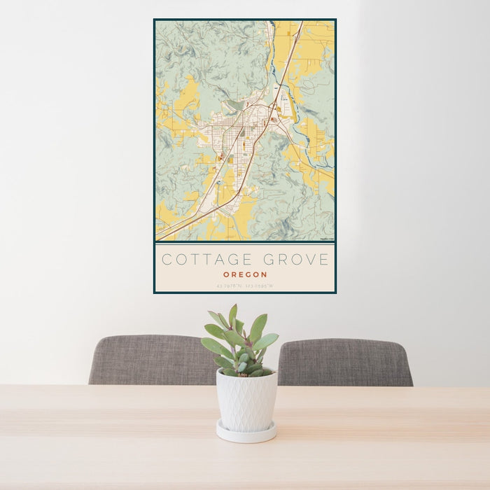 24x36 Cottage Grove Oregon Map Print Portrait Orientation in Woodblock Style Behind 2 Chairs Table and Potted Plant