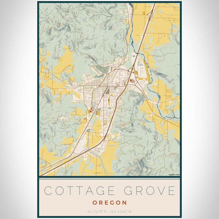 Cottage Grove Oregon Map Print Portrait Orientation in Woodblock Style With Shaded Background