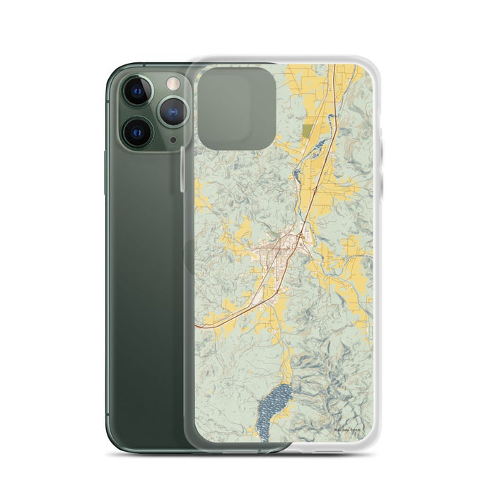 Custom Cottage Grove Oregon Map Phone Case in Woodblock on Table with Laptop and Plant