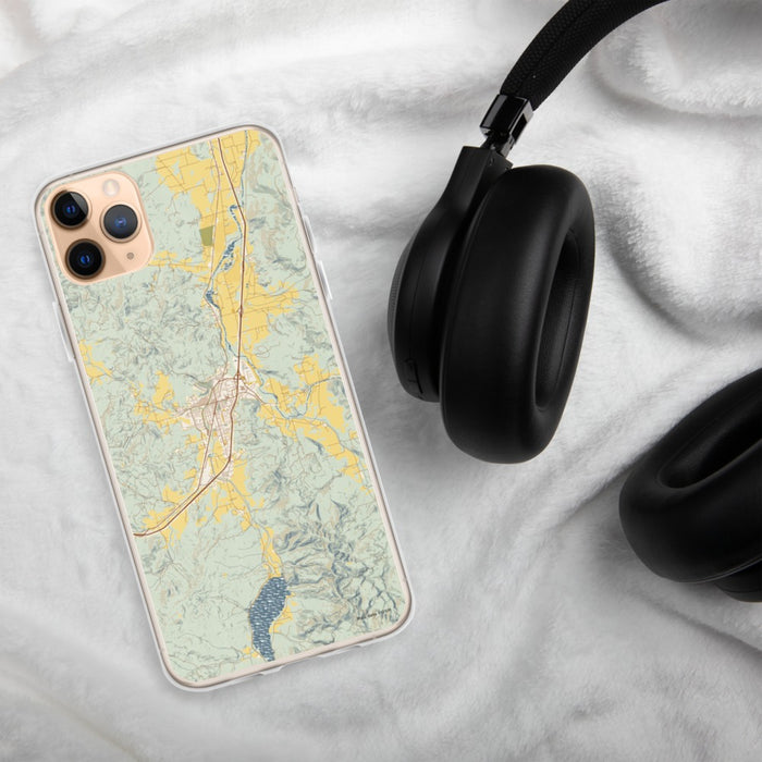 Custom Cottage Grove Oregon Map Phone Case in Woodblock on Table with Black Headphones
