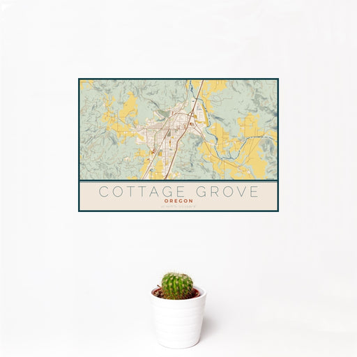 12x18 Cottage Grove Oregon Map Print Landscape Orientation in Woodblock Style With Small Cactus Plant in White Planter