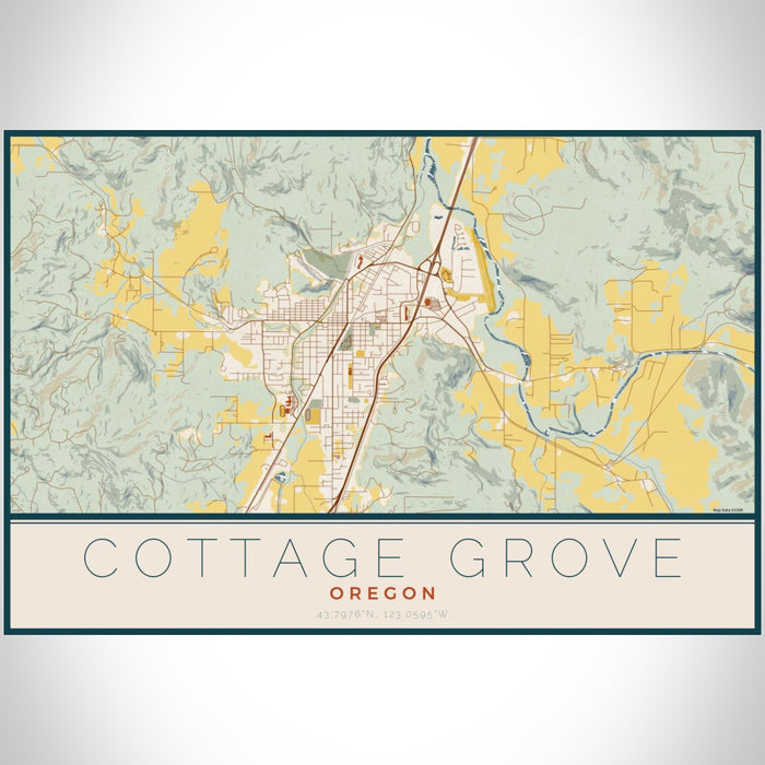 Cottage Grove Oregon Map Print Landscape Orientation in Woodblock Style With Shaded Background