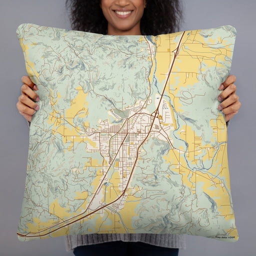 Person holding 22x22 Custom Cottage Grove Oregon Map Throw Pillow in Woodblock