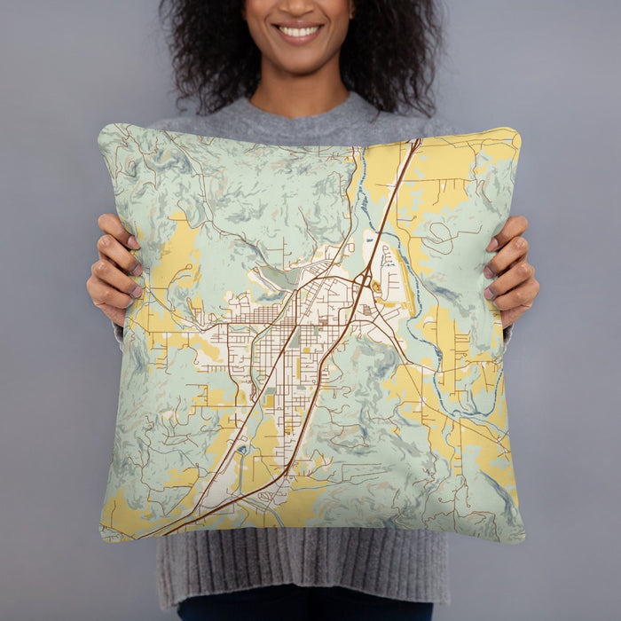 Person holding 18x18 Custom Cottage Grove Oregon Map Throw Pillow in Woodblock