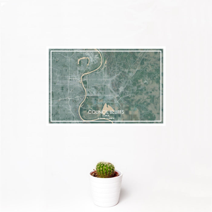 12x18 Council Bluffs Iowa Map Print Landscape Orientation in Afternoon Style With Small Cactus Plant in White Planter