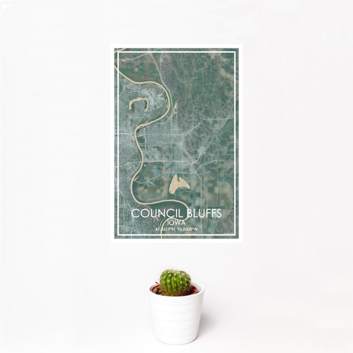 12x18 Council Bluffs Iowa Map Print Portrait Orientation in Afternoon Style With Small Cactus Plant in White Planter