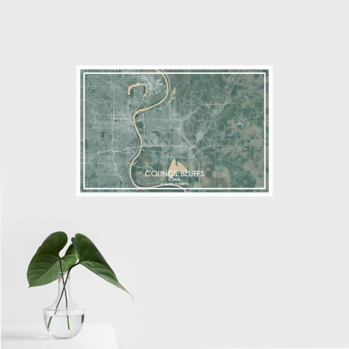 16x24 Council Bluffs Iowa Map Print Landscape Orientation in Afternoon Style With Tropical Plant Leaves in Water