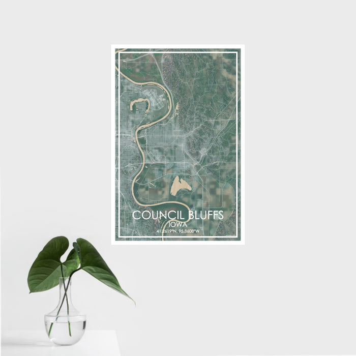 16x24 Council Bluffs Iowa Map Print Portrait Orientation in Afternoon Style With Tropical Plant Leaves in Water