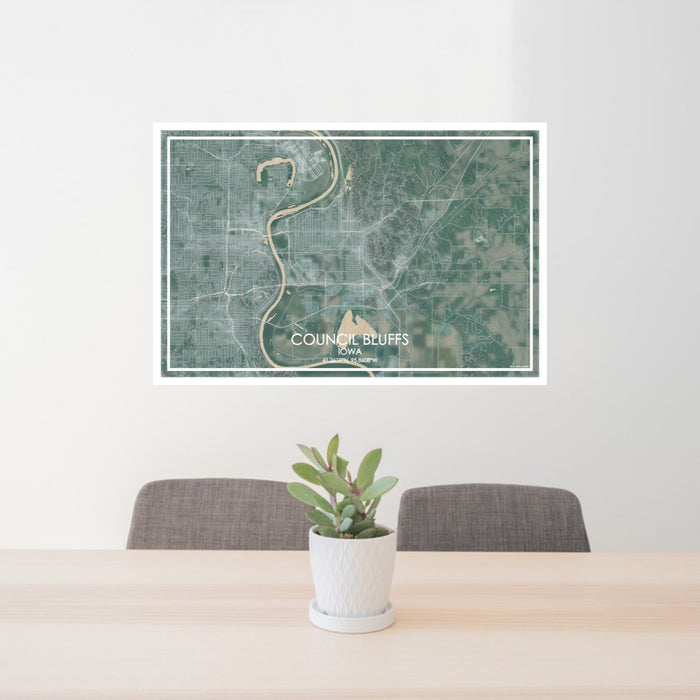 24x36 Council Bluffs Iowa Map Print Lanscape Orientation in Afternoon Style Behind 2 Chairs Table and Potted Plant