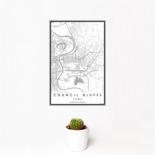 12x18 Council Bluffs Iowa Map Print Portrait Orientation in Classic Style With Small Cactus Plant in White Planter