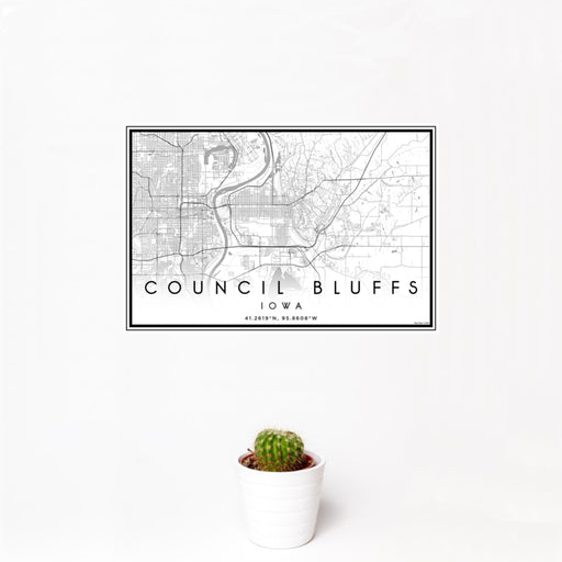 12x18 Council Bluffs Iowa Map Print Landscape Orientation in Classic Style With Small Cactus Plant in White Planter