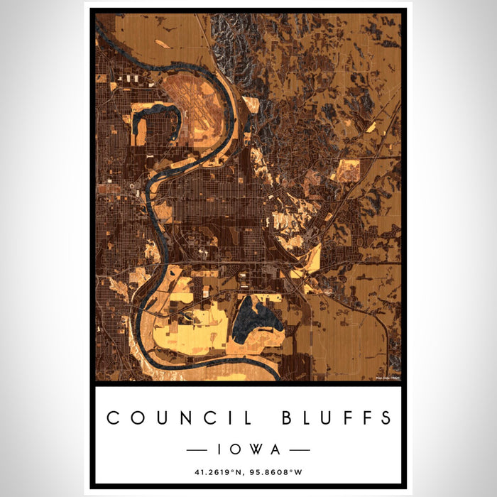 Council Bluffs Iowa Map Print Portrait Orientation in Ember Style With Shaded Background