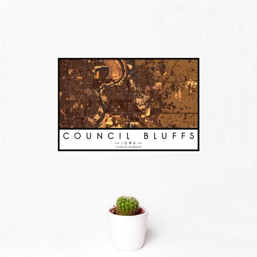12x18 Council Bluffs Iowa Map Print Landscape Orientation in Ember Style With Small Cactus Plant in White Planter