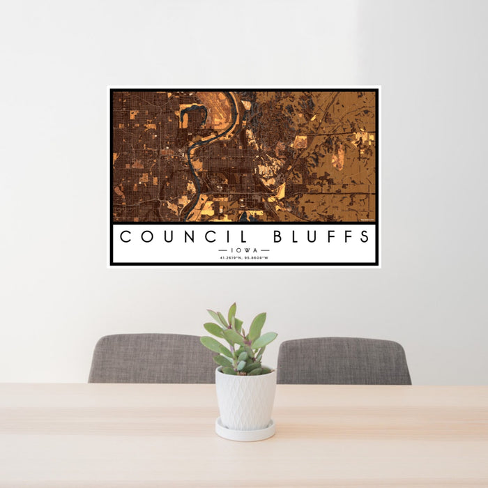 24x36 Council Bluffs Iowa Map Print Landscape Orientation in Ember Style Behind 2 Chairs Table and Potted Plant