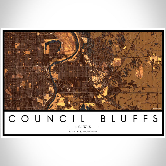 Council Bluffs Iowa Map Print Landscape Orientation in Ember Style With Shaded Background