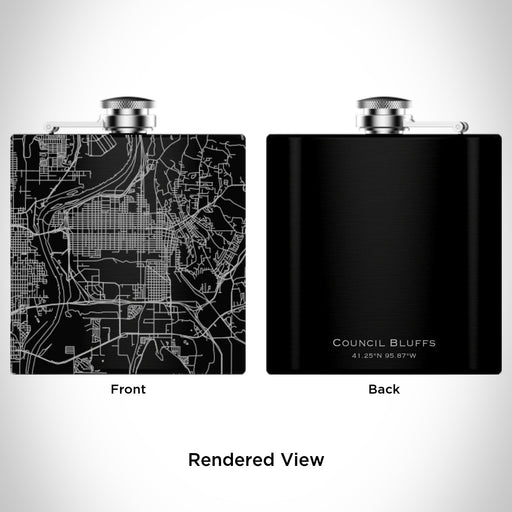 Rendered View of Council Bluffs Iowa Map Engraving on 6oz Stainless Steel Flask in Black