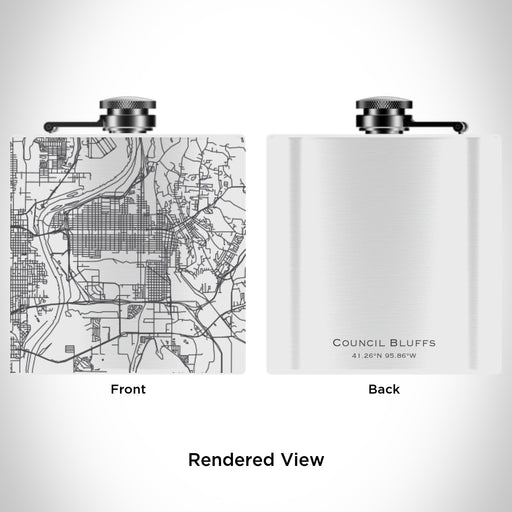 Rendered View of Council Bluffs Iowa Map Engraving on 6oz Stainless Steel Flask in White