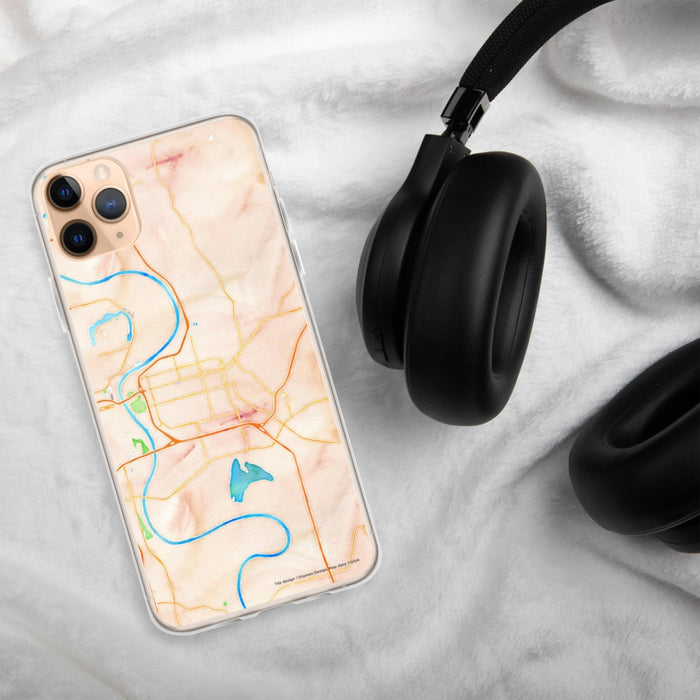 Custom Council Bluffs Iowa Map Phone Case in Watercolor on Table with Black Headphones