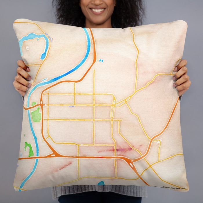 Person holding 22x22 Custom Council Bluffs Iowa Map Throw Pillow in Watercolor
