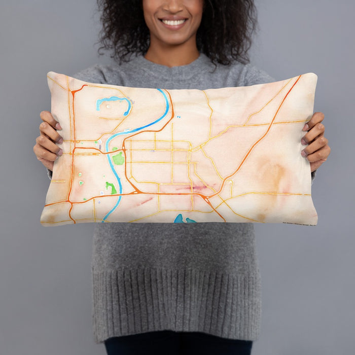Person holding 20x12 Custom Council Bluffs Iowa Map Throw Pillow in Watercolor