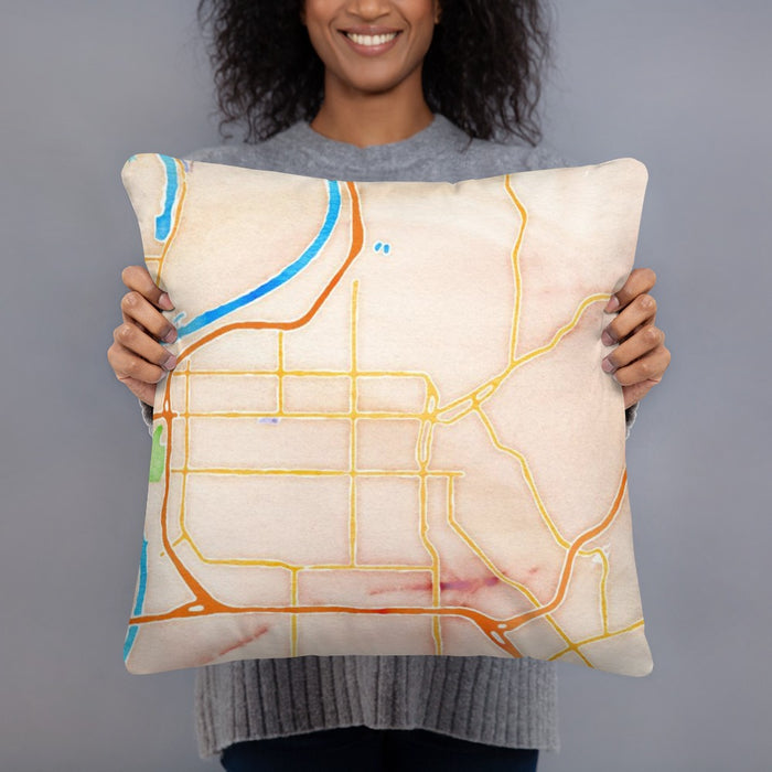 Person holding 18x18 Custom Council Bluffs Iowa Map Throw Pillow in Watercolor