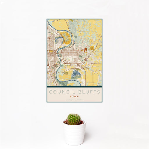 12x18 Council Bluffs Iowa Map Print Portrait Orientation in Woodblock Style With Small Cactus Plant in White Planter