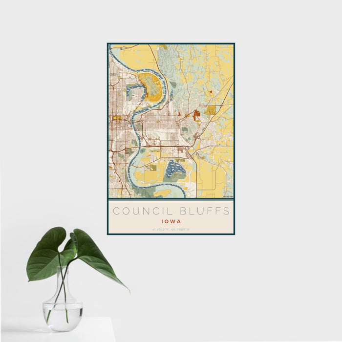 16x24 Council Bluffs Iowa Map Print Portrait Orientation in Woodblock Style With Tropical Plant Leaves in Water