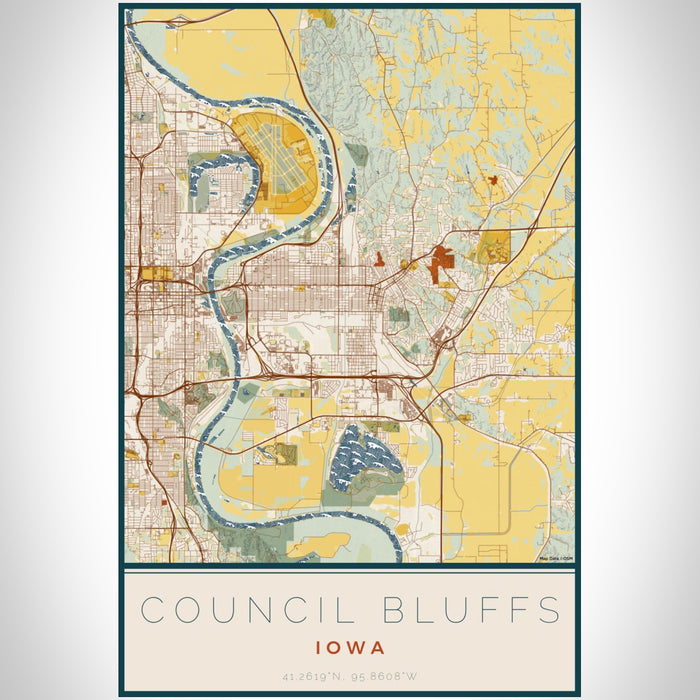 Council Bluffs Iowa Map Print Portrait Orientation in Woodblock Style With Shaded Background
