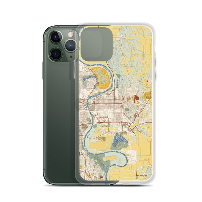 Custom Council Bluffs Iowa Map Phone Case in Woodblock on Table with Laptop and Plant