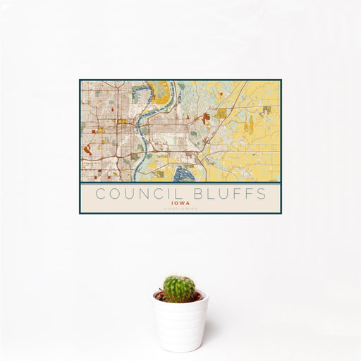 12x18 Council Bluffs Iowa Map Print Landscape Orientation in Woodblock Style With Small Cactus Plant in White Planter