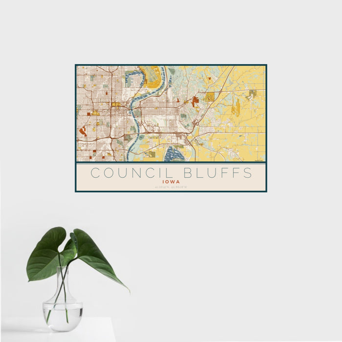 16x24 Council Bluffs Iowa Map Print Landscape Orientation in Woodblock Style With Tropical Plant Leaves in Water