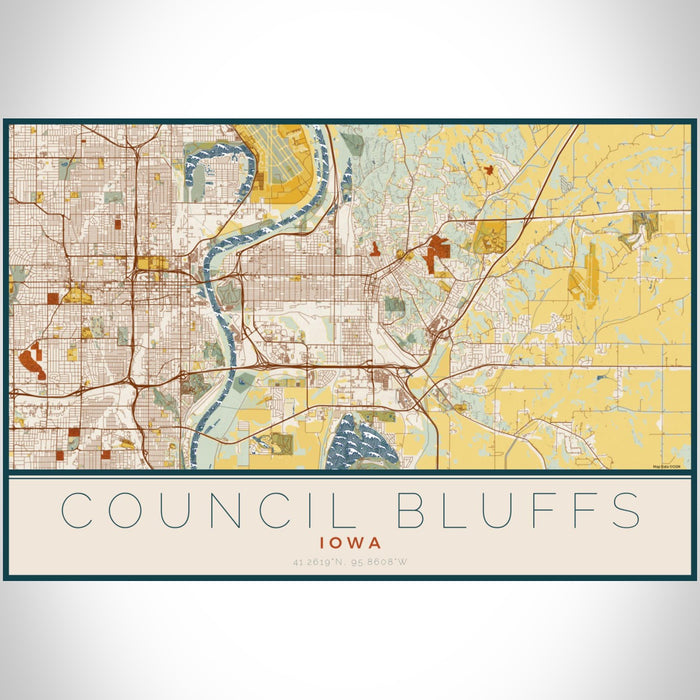 Council Bluffs Iowa Map Print Landscape Orientation in Woodblock Style With Shaded Background