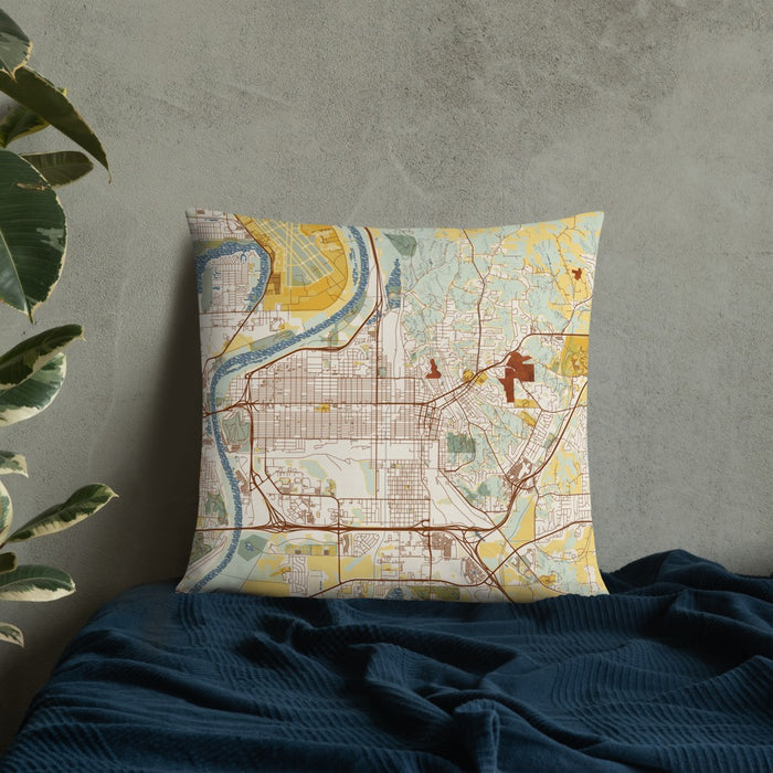 Custom Council Bluffs Iowa Map Throw Pillow in Woodblock on Bedding Against Wall