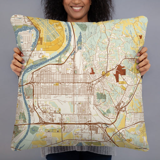 Person holding 22x22 Custom Council Bluffs Iowa Map Throw Pillow in Woodblock