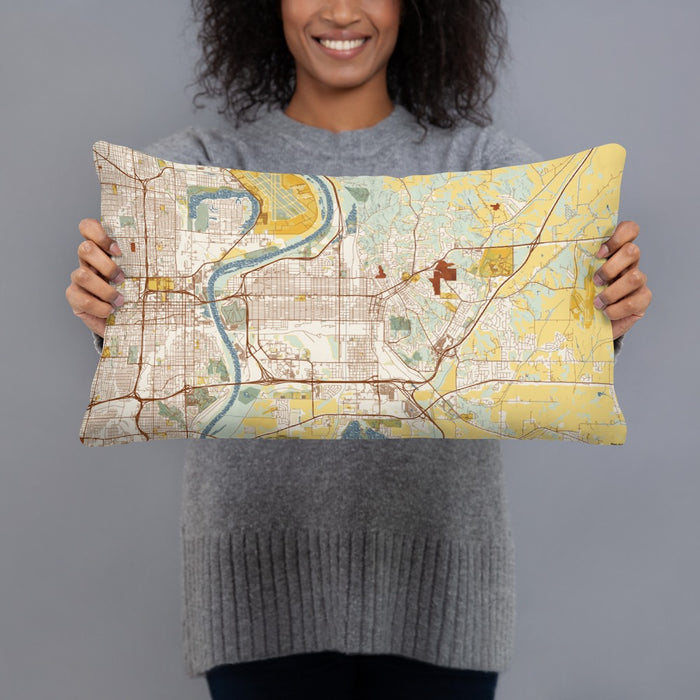 Person holding 20x12 Custom Council Bluffs Iowa Map Throw Pillow in Woodblock