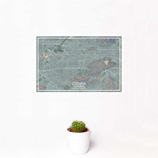 12x18 Covina California Map Print Landscape Orientation in Afternoon Style With Small Cactus Plant in White Planter