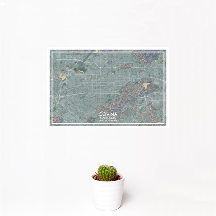 12x18 Covina California Map Print Landscape Orientation in Afternoon Style With Small Cactus Plant in White Planter